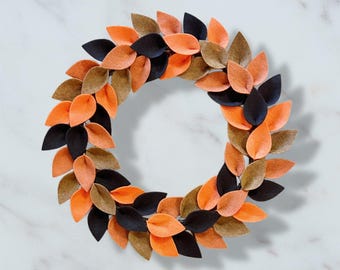 Handmade Felt Leaf Wreath, Orange Brown Autumn Decor