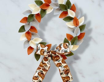 Handmade Felt Leaf Autumn Wreath, Pumpkin Wreath, Bow, Fall Home Decor