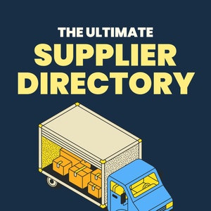 May include: A blue delivery truck with a white cab and a beige cargo area. The truck is filled with boxes and has the text "THE ULTIMATE SUPPLIER DIRECTORY" in yellow letters on a dark blue background. The text "BY JEFF AGUILAR" is also in yellow letters on a dark blue background.