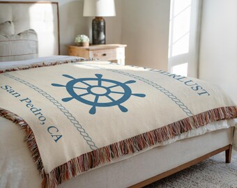 Personalized Nautical Throw Blanket: Woven Cotton, Lake House Decor