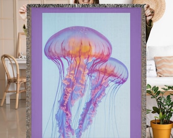 Jellyfish Woven Blanket - Nautical Tapestry, Ocean Decor