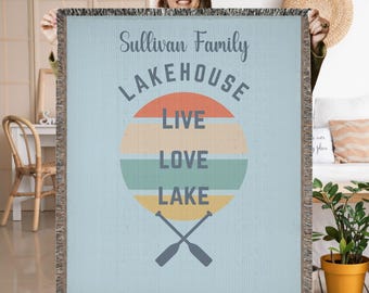 Custom Lake House Woven Blanket, Personalized Family Name, Nautical Decor