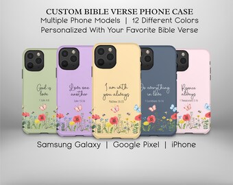 Gepersonaliseerde telefoonhoesje bijbeltekst, christelijk cadeau met wilde bloemen