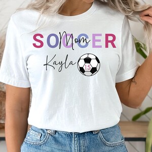 Custom Soccer Mom Shirt With Kids Name & Jersey Number Soccer Mom Gift For Soccer Mama Front and Back Print Personalized Soccer Mom Shirt