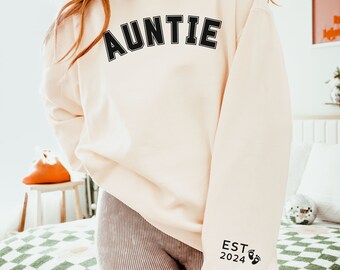 Comfort Colors Auntie Sweatshirt, Baby Feet Sleeve Detail, New Auntie Gift