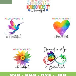 Könnte beinhalten: Eine Sammlung farbenfroher Designs mit dem Text "Neurodiversität ist wunderschön". Die Designs umfassen einen Kolibri, ein Herz, eine Blume und einen Schmetterling. Der untere Teil des Bildes zeigt "SVG - PNG - DXF - JPG."