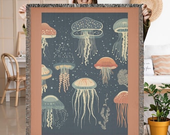 Jellyfish Woven Blanket, Nautical Ocean Decor, Coastal Throw