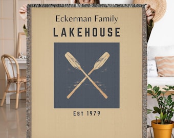 Personalized Lake House Woven Blanket, Nautical Family Name Tapestry