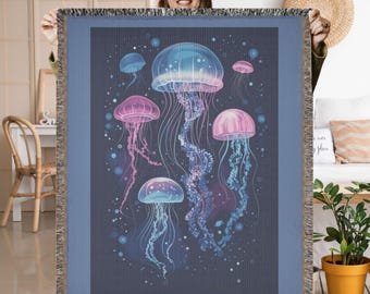Jellyfish Woven Blanket, Nautical Ocean Decor