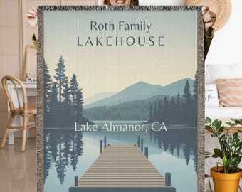Personalized Lake House Woven Blanket, Custom Family Name, Nautical Decor