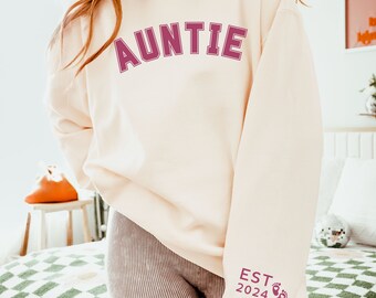 Auntie Est. Year Sweatshirt, Baby Feet Sleeve, New Aunt Gift