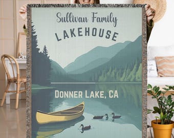 Personalized Lake House Woven Blanket, Nautical Decor, Family Name