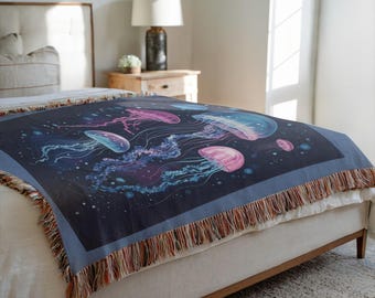 Jellyfish Woven Blanket, Nautical Ocean Decor Tapestry