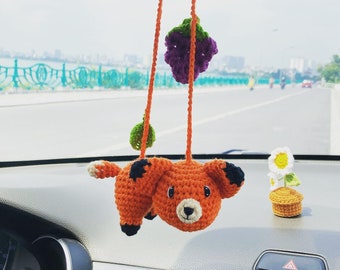 Handmade Cute Fox And Grapes Crochet Car Hanging, Handmade Crochet Car Hanging Accessory, Crochet Decor For New Car, Gift For Fox Lovers