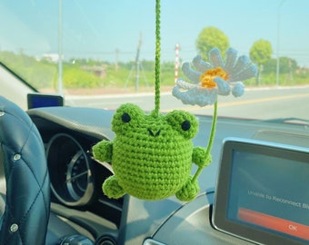 Handmade Cute Frog With Daisy Crochet Car Hanging, Handmade Crochet Car Hanging Accessory, Crochet Decor For New Car, Gift For Frog Lovers