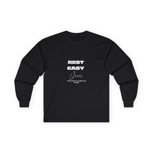 クリスチャン向け長袖Tシャツ、安らかに眠れ、イエスは嵐を鎮めた、男性と女性へのクリスチャンギフト、クリスチャン向け長袖、信者向けアパレル