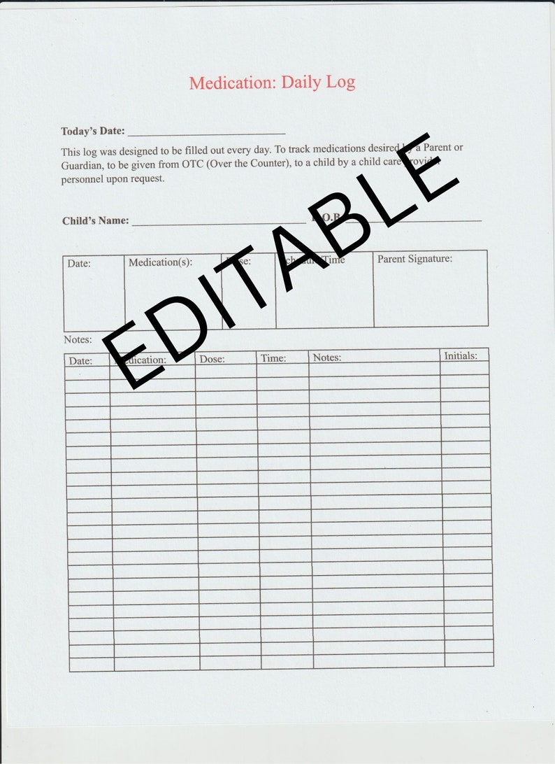 Child Care Medication Log Etsy