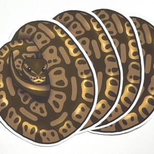 May include: Four brown and gold patterned stickers of a curled up snake with a white outline.