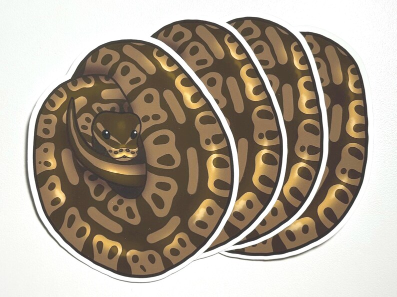 May include: Four brown and gold patterned stickers of a curled up snake with a white outline.