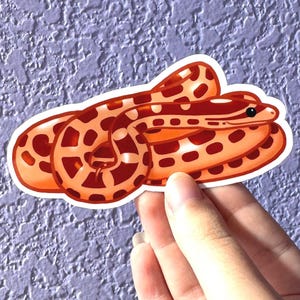 May include: A sticker featuring a cartoon illustration of a snake. The snake is coiled, with a red and orange pattern. The sticker has a white border and is held against a textured purple background.