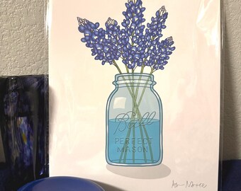 Texas Blue Bonnet Mason Jar Art Print