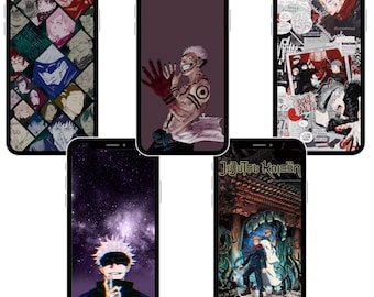 Puede incluir: Cinco fondos de pantalla de teléfono diferentes con personajes del anime Jujutsu Kaisen. Los fondos de pantalla presentan un collage de personajes, un solo personaje con un fondo rojo, un solo personaje con un fondo de galaxia, un solo personaje con un fondo negro y una escena del anime con un fondo oscuro.