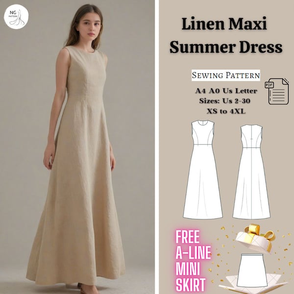 Leinen Maxi Sommerkleid Schnittmuster, Fairy Cottagecore Kleid Schnittmuster, Leinenkleid, A-Linie Sommerkleid Schnittmuster, Vintage Kleid, XS-4XL