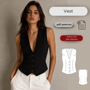Può includere: Un gilet nero con scollo a V profondo e chiusura con bottoni. L'immagine include anche il testo "Vest", "pdf patterns" e "XXS to 4XL Size Options". Il gilet è indossato con pantaloni bianchi.