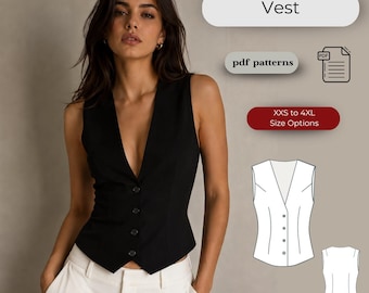 Tailored Vest Sewing Pattern, Deep V-Neck Fitted Waistcoat (XXS-4XL) (Digital Download)