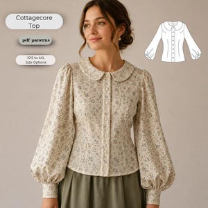 Könnte beinhalten: Ein langärmeliges Oberteil mit kleinem Blumenmuster, abgerundetem Kragen und durchgehender Knopfleiste. Das Kleidungsstück hat weite Ärmel mit Manschetten und wird mit einer technischen Skizze sowie den Texten Cottagecore Top, pdf patterns und XXS to 4XL Size Options gezeigt.