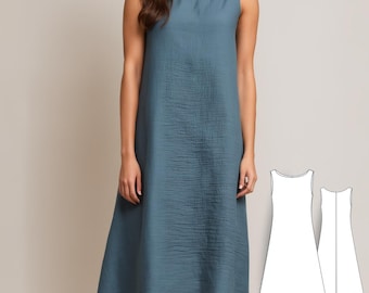 Puede incluir: Un vestido azul sin mangas, de largo midi, con cuello barco y falda ligeramente acampanada. A la derecha se muestra un dibujo lineal del patrón del vestido.