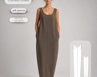 Patrón de costura para vestido largo tipo capullo / Vestido holgado de corte barril, escote redondo, bolsillos (descarga digital)