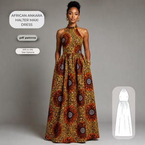 African Ankara Halter Maxi Dress Sewing Pattern PDF, Boho Evening Gown DIY, XS-4XL