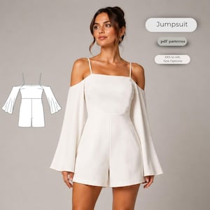 May include: A white jumpsuit with thin shoulder straps and long, flared cold-shoulder sleeves. The garment features a square neckline and shorts. Text on the image includes Jumpsuit, pdf patterns, and XXS to 4XL Size Options.