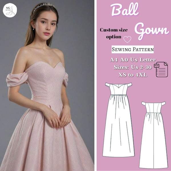 Ball Gown Sewing Pattern, Cocktail Dress, Off Shoulder Evening Dress Pattern, Anniversary Dress, Ball Gown, Evening Gown, Bridal Gown, A4 A0