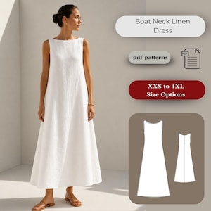 Può includere: Un abito in lino bianco senza maniche con scollo a barchetta. L'abito ha una silhouette a trapezio e arriva alle caviglie. L'immagine include il testo "Boat Neck Linen Dress", "pdf patterns" e "XXS to 4XL Size Options".