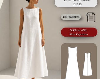 Linen Boat Neck Summer Dress Sewing Pattern: Sleeveless A-Line (Digital Download, XS-4XL)