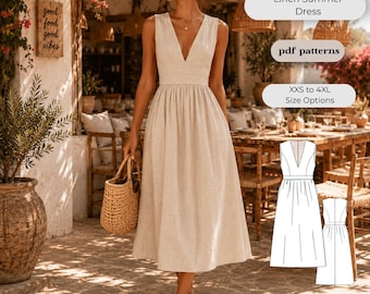 Linen Midi Summer Dress Sewing Pattern: Sleeveless Gathered Wiast (Digital Download, XS-4XL)