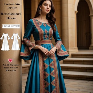 May include: A sewing pattern for a Renaissance dress with long sleeves and a fitted bodice. The pattern is available in sizes UK 2-30, XS to 4XL. The dress is shown in a teal blue colour with gold and red embroidery.