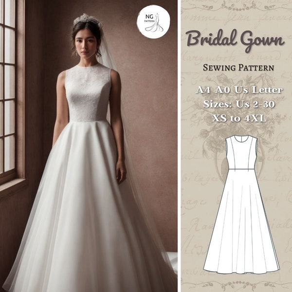 Bridal Gown Sewing Pattern, Cocktail Dress Pattern, Maxi Circle Dress, Evening Gown, Ball Gown, Wedding Dress Sewing Pattern, A4 A0 XS-4XL