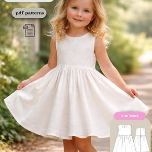 Könnte beinhalten: Ein ärmelloses weißes Leinenkleid für Kinder mit rundem Ausschnitt und ausgestelltem Rock. Das Bild enthält den Text "Kids Linen Dress" und "pdf patterns". Das Kleid ist für Kinder im Alter von 2-16 Jahren konzipiert.