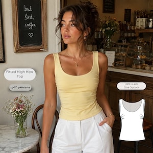May include: A pale yellow sleeveless tank top with a scoop neckline and side ruching details. The image includes text labels reading Fitted High Hips Top, pdf patterns, and XXS to 4XL Size Options, alongside a technical line drawing of the garment.