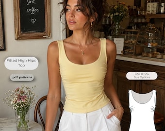 Fitted High Hips Top Sewing Pattern | Scoop Neck Tank, Ruched Side (PDF Download)