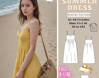 Casual Midi Summer Dress Sewing Pattern, Gathering Skirt, Sphagetti Strap Dress, Summer Dress Pattern, Gathered Midi Dress, XS-4XL