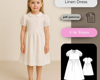 Girls Linen Peter Pan Collar Dress Sewing Pattern (PDF Download)