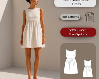 Linen Boat Neck Gathered Dress Sewing Pattern (XS-4XL) (Digital Download)