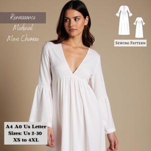 May include: A white maxi chemise sewing pattern with a deep V-neck and long bell sleeves. The pattern is available in sizes US 2-30, XS to 4XL. The pattern is printed on A4 and A0 paper.