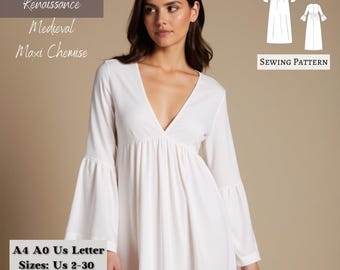 Renaissance Maxi Chemise Schnittmuster: Mittelalterliches Nachthemd (XS-4XL) (Digitaler Download)