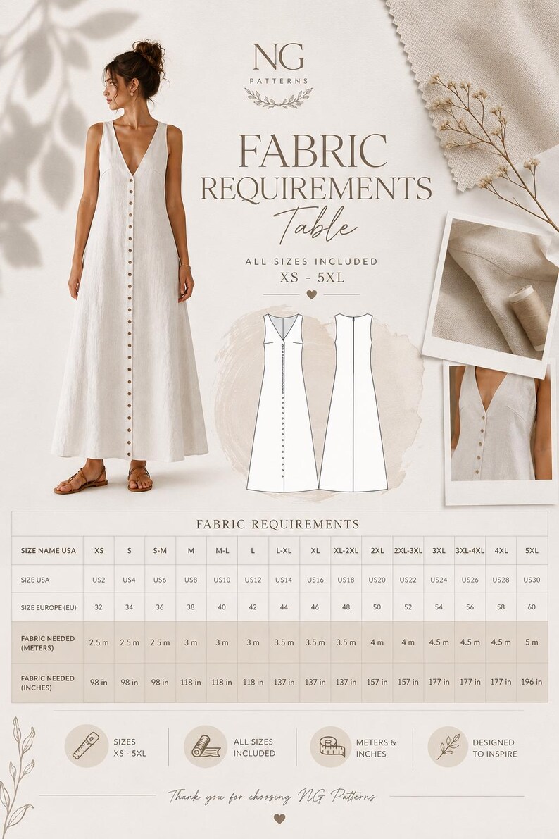 Button Down Maxi Dress Sewing Pattern PDF | Deep V Neck A-line Dress ...
