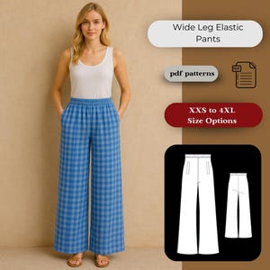 Puede incluir: Una mujer con pantalones elásticos de pierna ancha a cuadros azules y blancos y una camiseta sin mangas blanca. La imagen incluye el texto "Wide Leg Elastic Pants", "pdf patterns" y "XXS to 4XL Size Options".